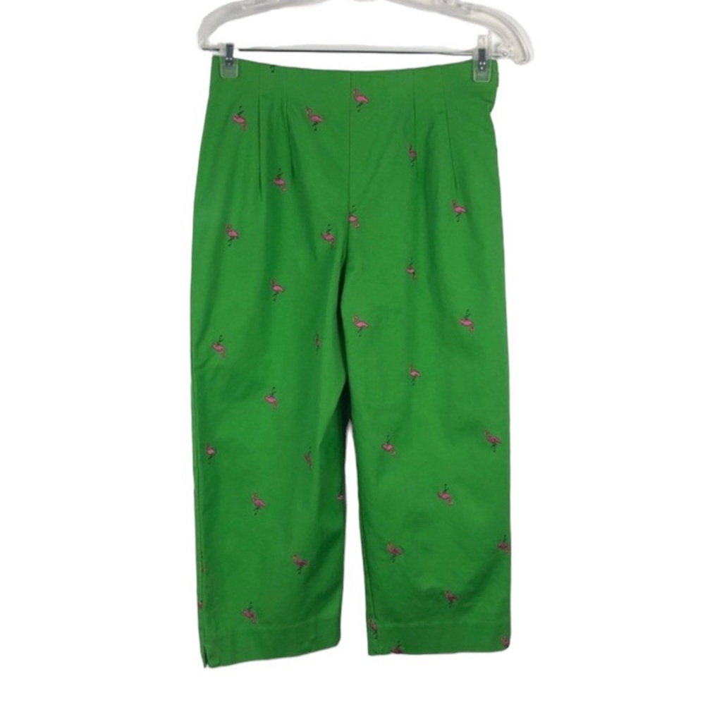 Briggs Pink Flamingo Embroidered Green Capri Pants - Picture 2 of 13